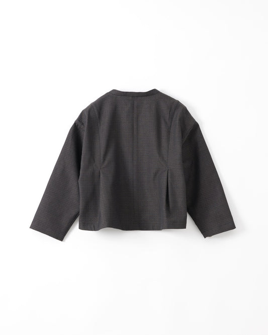 A black textured long-sleeve cropped jacket shown from the back, laid flat against a clean white background.