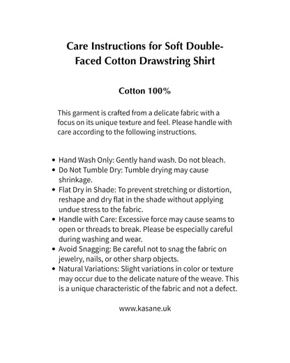 A text-based care instructions sheet for a cotton double-faced drawstring shirt, with the title at the top and a bulleted list of handling guidelines below on a white background.