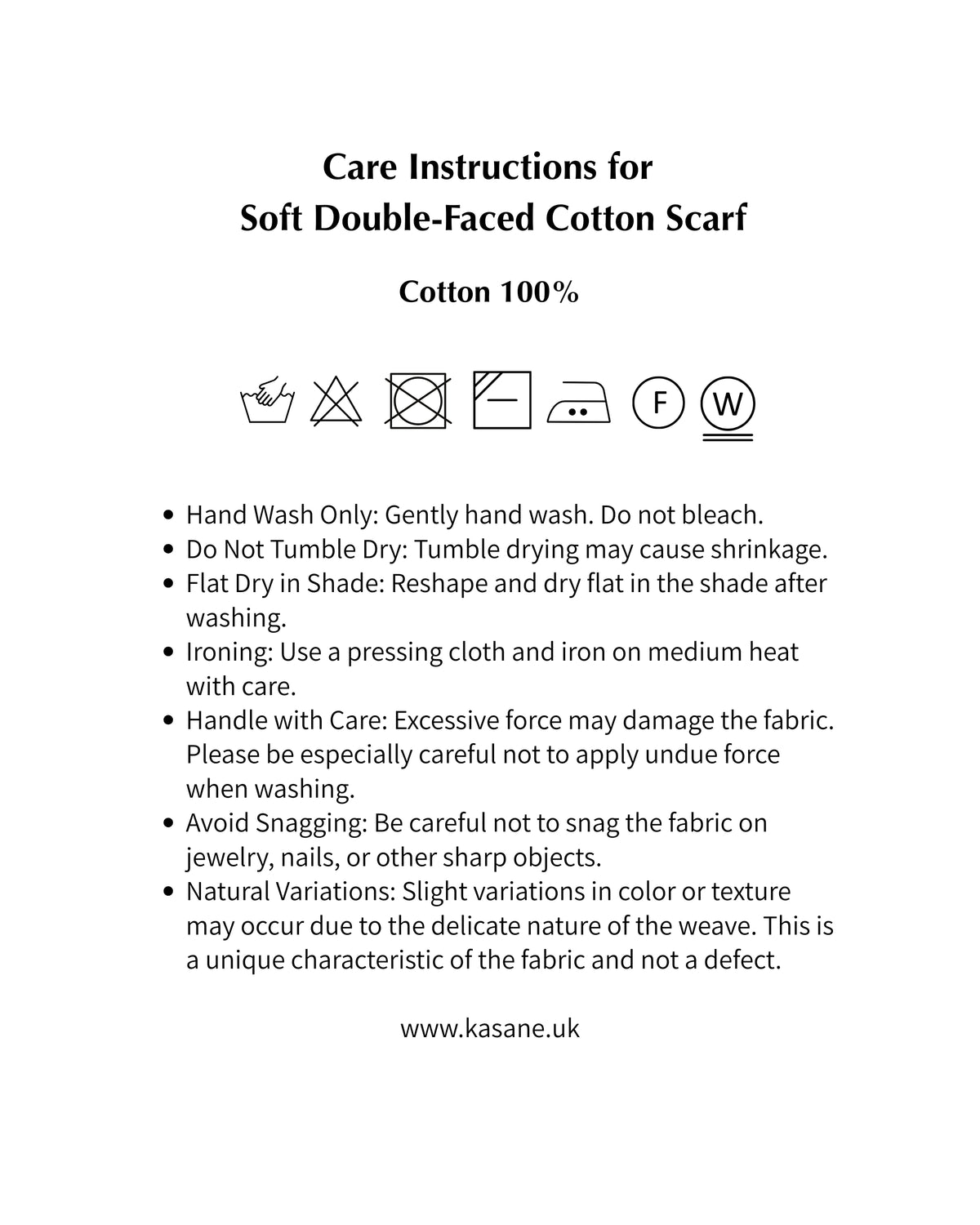 Care instructions and washing symbols for a soft double-faced cotton scarf, printed in black text on a white background. The text specifies care instructions for 100% cotton scarves and includes a website URL at the bottom.
