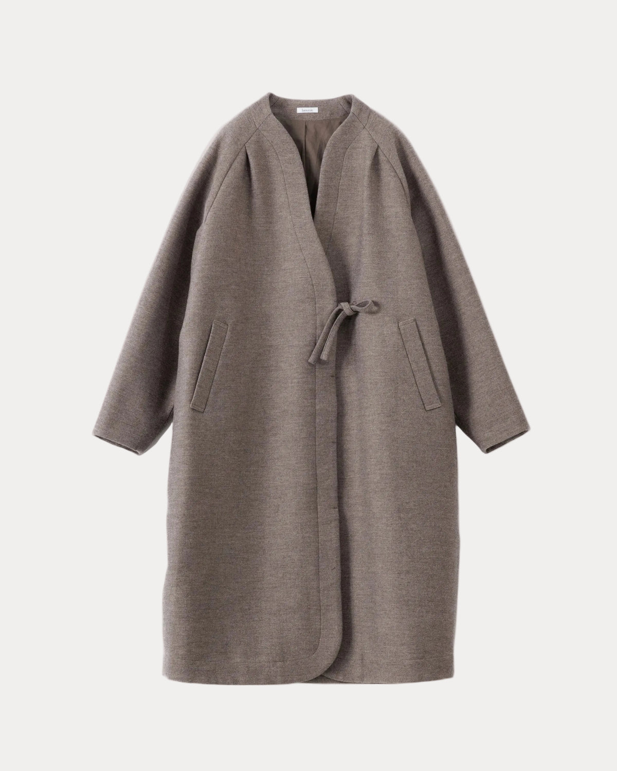A taupe-brown open-front wrap coat with a drawstring waist and side pockets, shown against a light grey background.