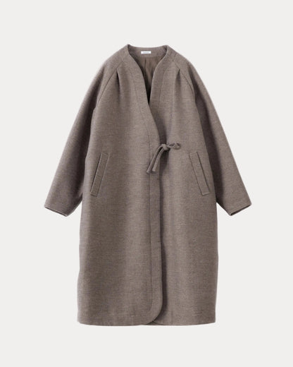 A taupe-brown open-front wrap coat with a drawstring waist and side pockets, shown against a light grey background.
