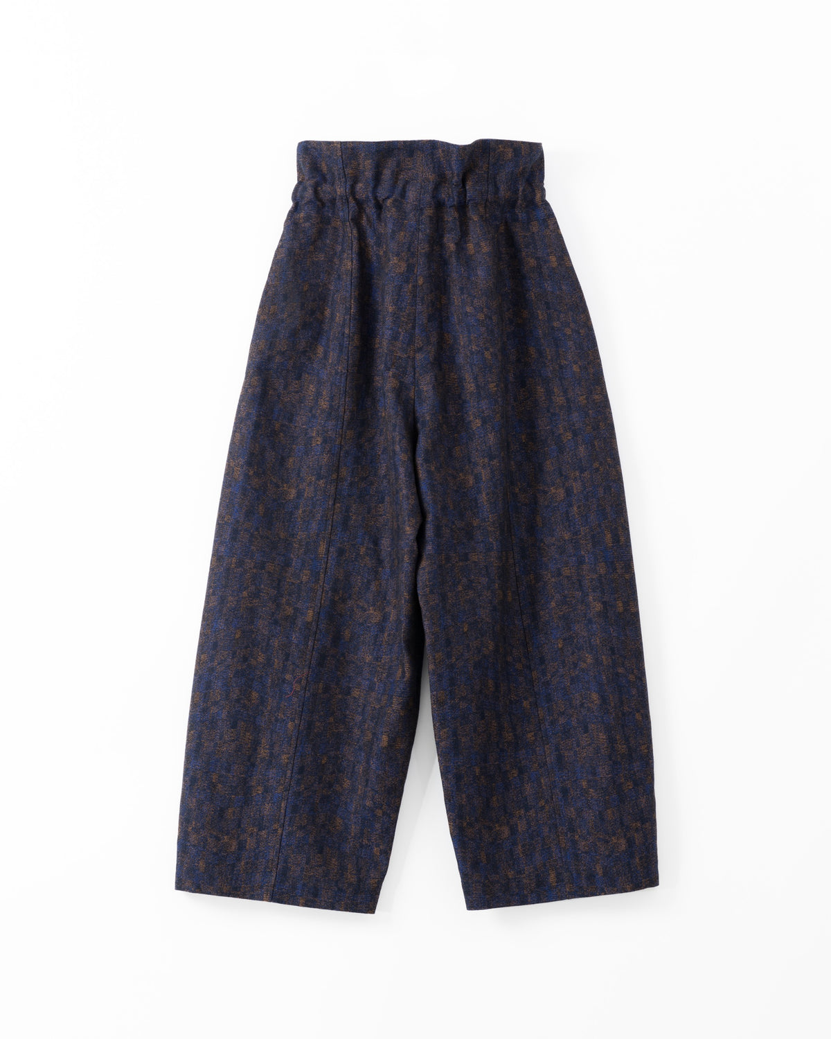 Navy blue patterned trousers on a white background