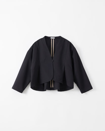 A black cropped jacket with long sleeves and a split V-neckline, featuring a central gold-tone zipper detail, displayed flat against a clean white background.