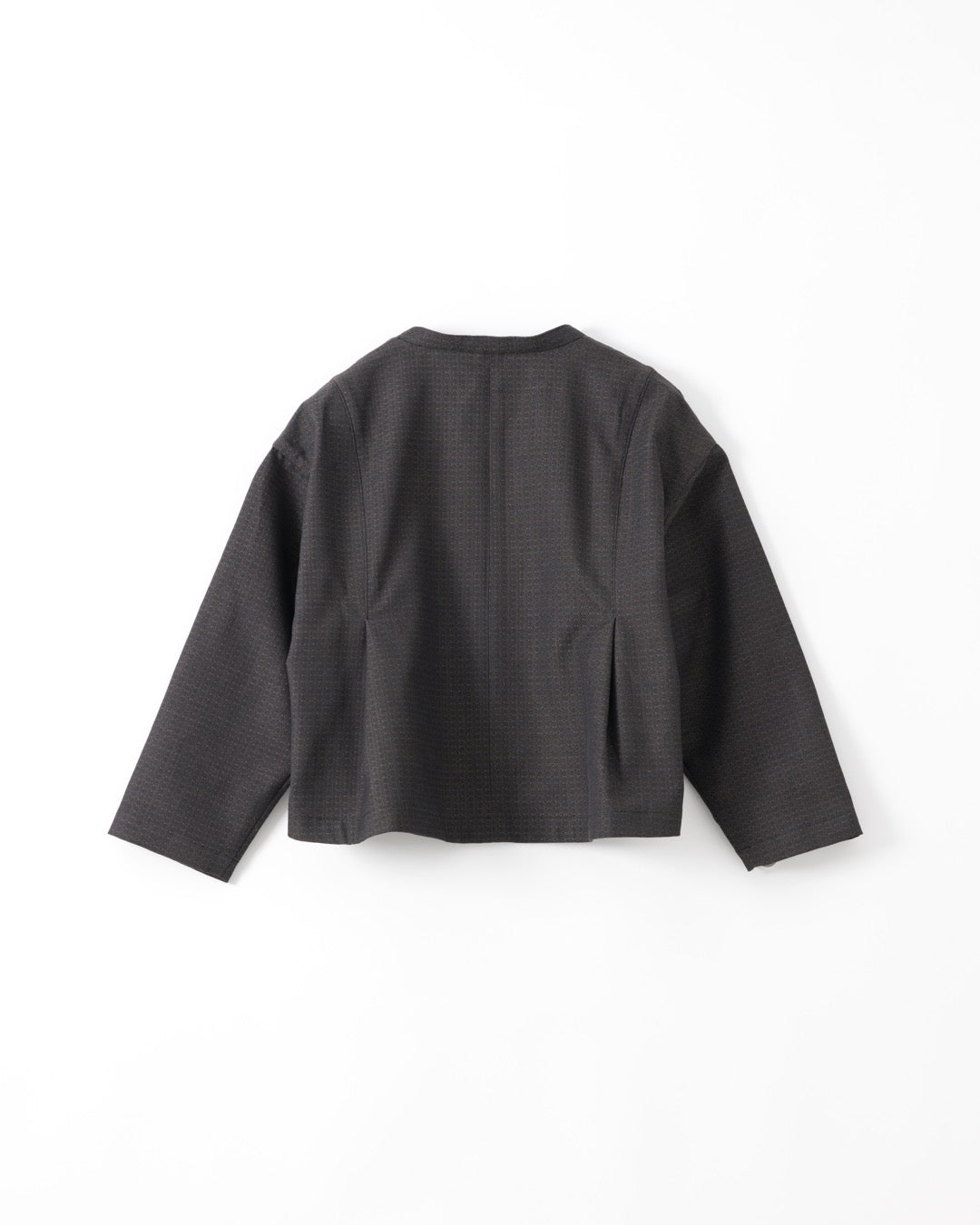 A black textured long-sleeve cropped jacket shown from the back, laid flat against a clean white background.