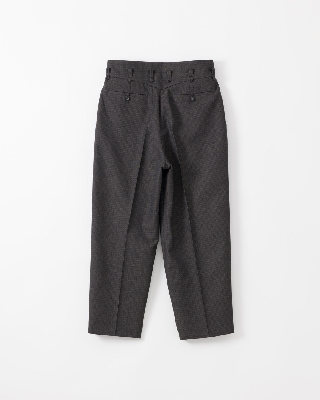 A pair of black trousers with a high waist, pleated front, and belt loops, laid flat against a white background.