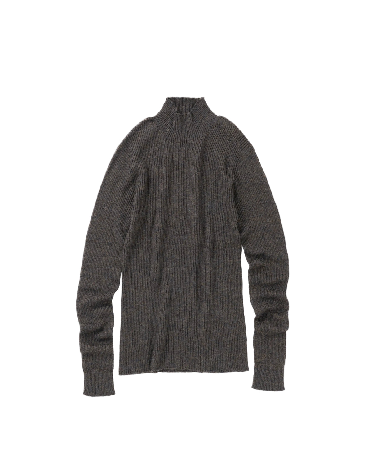 A black ribbed knit mock neck sweater with long sleeves, shown flat against a plain white background.