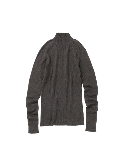 A black ribbed knit mock neck sweater with long sleeves, shown flat against a plain white background.