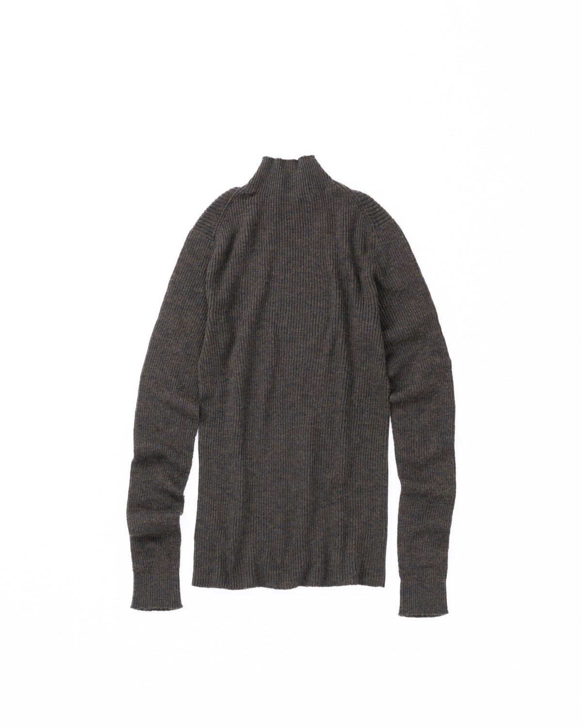 A black ribbed knit mock neck sweater shown from the back, laid flat against a solid white background.