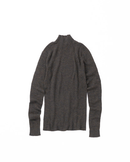 A black ribbed knit mock neck sweater shown from the back, laid flat against a solid white background.