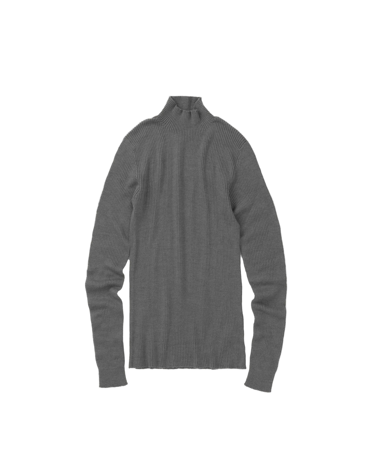 A dark grey ribbed knit mock neck sweater displayed flat against a solid white background.