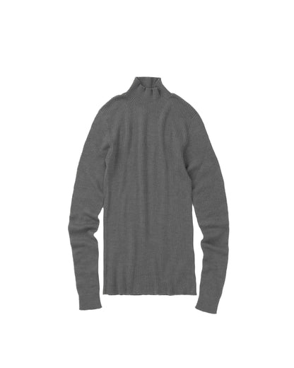 A dark grey ribbed knit mock neck sweater displayed flat against a solid white background.