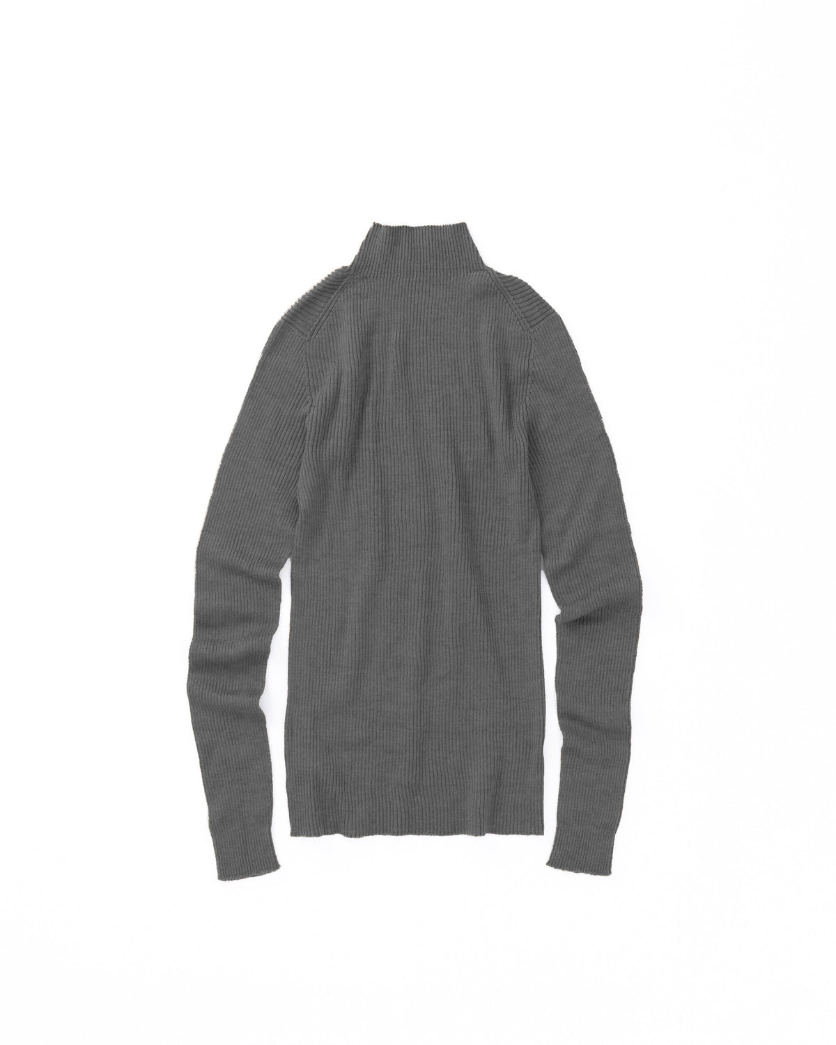 A grey ribbed knit turtleneck sweater shown from the back on a plain white background.