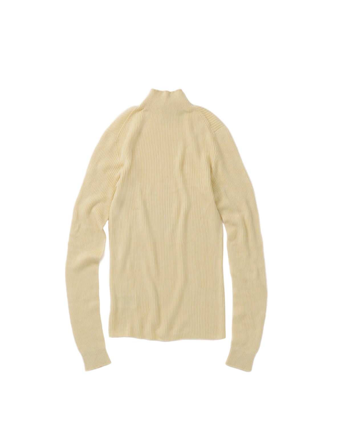 A pale yellow ribbed knit mock neck sweater shown from the back on a plain white background.