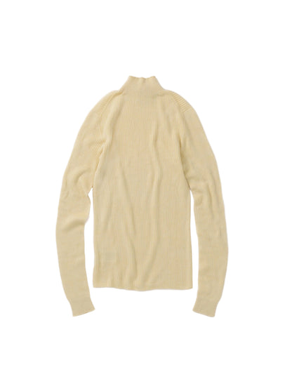 A pale yellow ribbed knit mock neck sweater shown from the back on a plain white background.