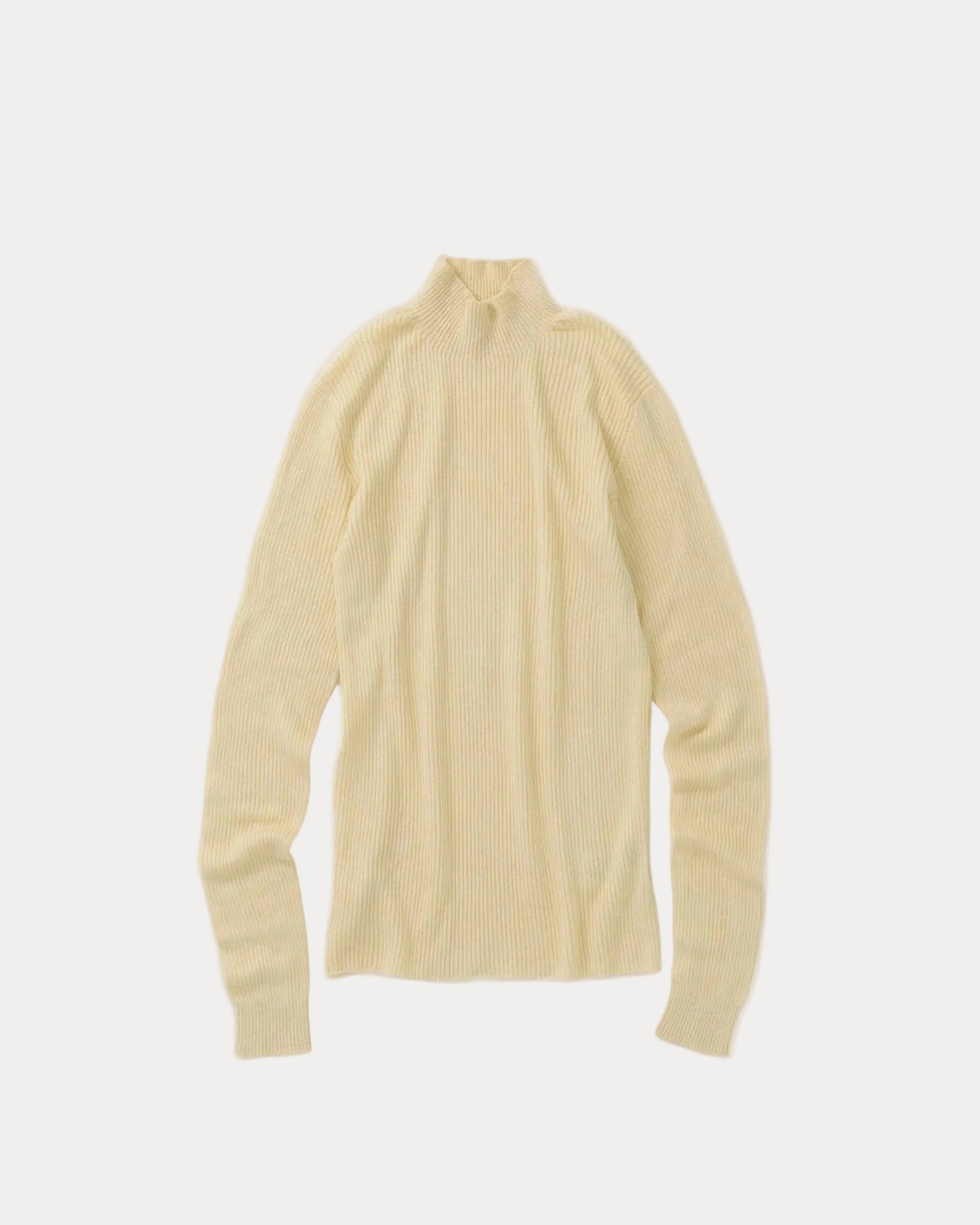 A pale yellow ribbed knit mock neck sweater displayed on a neutral light grey background.