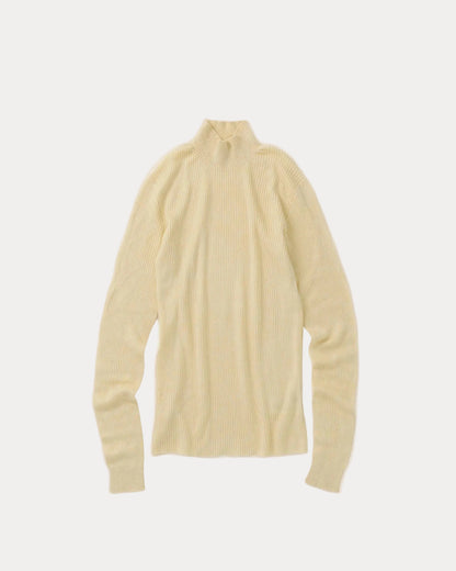 A pale yellow ribbed knit mock neck sweater displayed on a neutral light grey background.