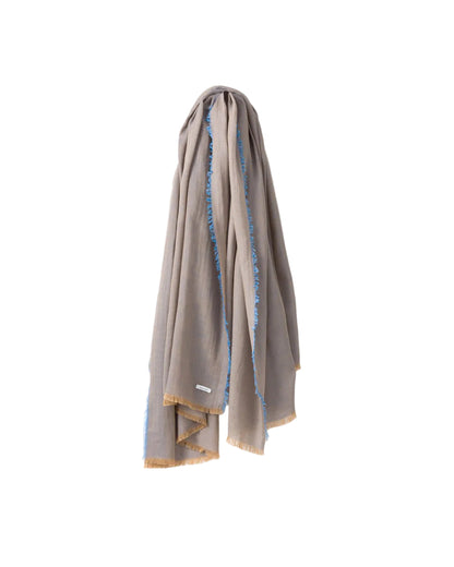 Grey scarf with blue and gold accents on a white background