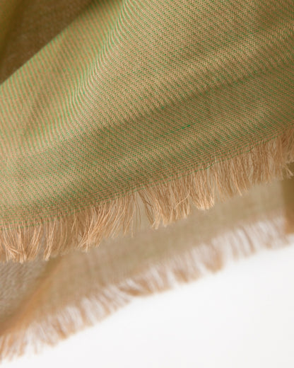 Detail of a pistachio green scarf with golden trims on a white surface.