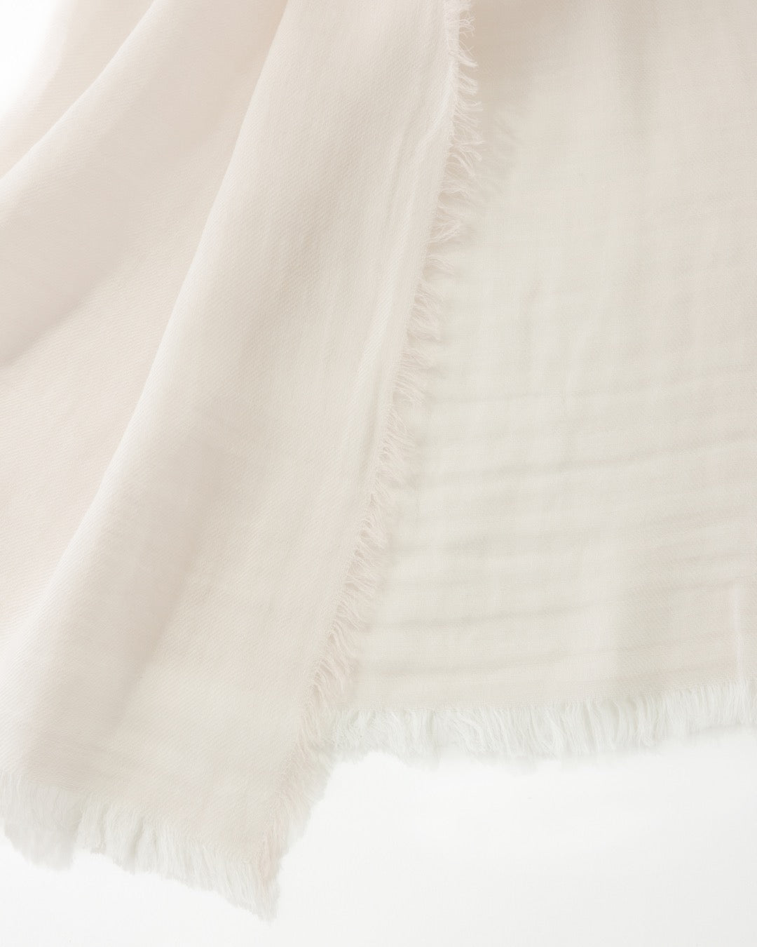 Detail of a white-coloured fringed scarf on a white background.