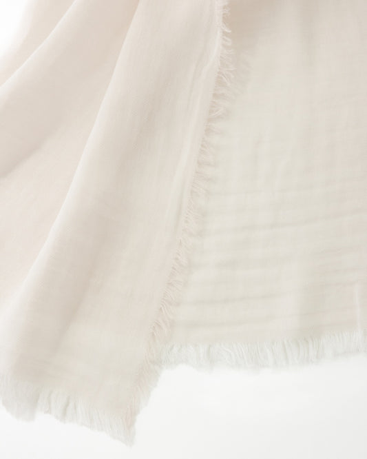 Detail of a white-coloured fringed scarf on a white background.