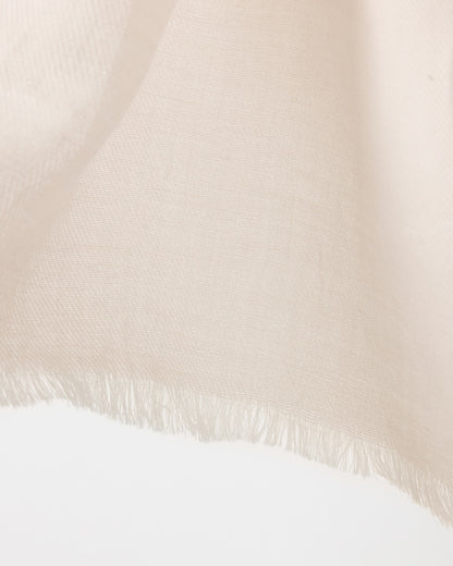 Detail of a white-coloured fringed scarf on a white background.