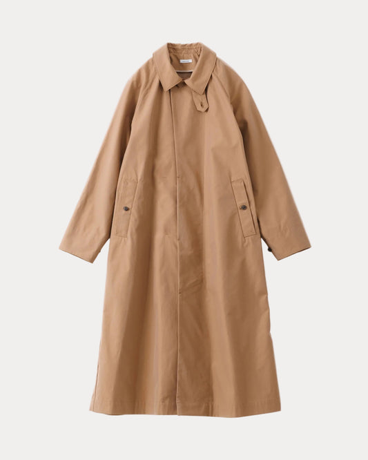 A mid-length tan car coat with a pointed collar, button front, and flap pockets, shown flat against a light gray background.